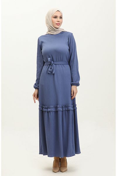 sefamerve Indigo Belguzar Gerafftes Kleid – NZR003A-08