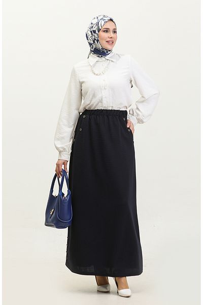 sefamerve Λεπτομερής φούστα με κουμπιά Navy Blue Plus Size 4208-05