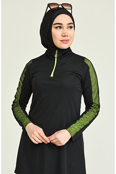 sefamerve Μαύρο Πράσινο Διχτυωτό Μαγιό Hijab - 2207-01