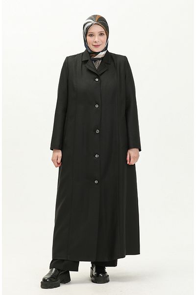 sefamerve Large Size Black Overcoat - Neck Buttoned and Lined 0422-01