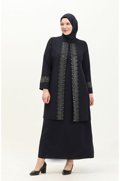 sefamerve Βραδινό φόρεμα με στάμπα Navy Blue Stone Plus Size - 6092-06