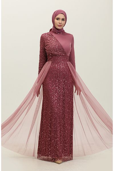 sefamerve 5345A-05 Μοντέλο Dusty Rose Sequined βραδινό φόρεμα