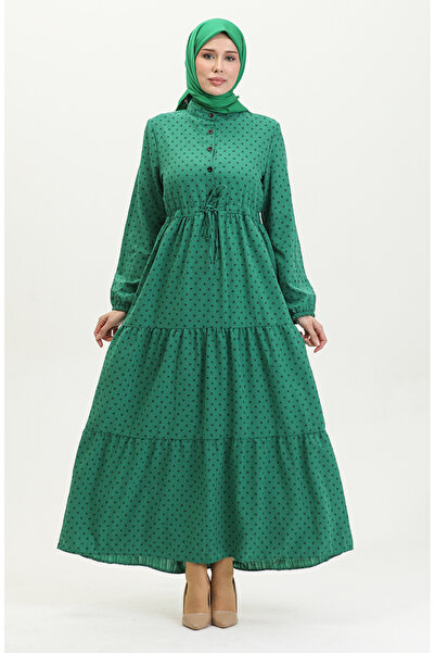 sefamerve Φόρεμα με μισά κουμπιά με πράσινο σμαραγδί σχέδιο - 0387-05