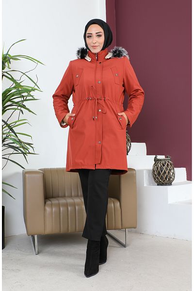 sefamerve Κοντό παλτό χρώματος τούβλο - Plus Size Bondit 10455-09