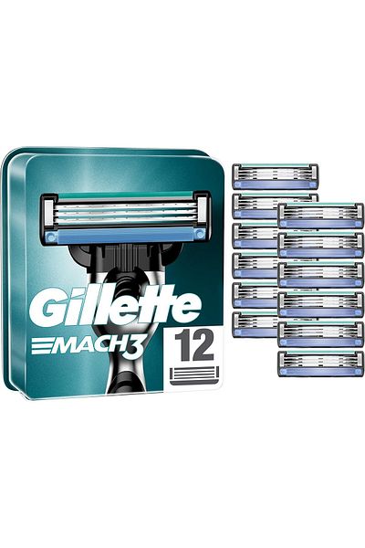 Gillette Mach3 Razor Blades Men, Pack of 12 Razor Blade Refills, Stronger Than Steel Blades, Enhance