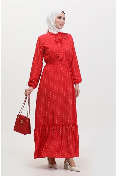 sefamerve Bedrucktes Kleid mit roten Gürteln - 0383-02