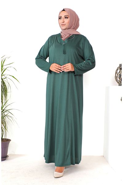 sefamerve Stone Printed Plus Size Χτενισμένο Βαμβακερό Φόρεμα - 4932-05 Σκούρο Πράσινο