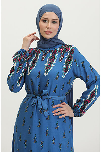 sefamerve Φόρεμα βισκόζης με σχέδιο Indigo - Μοντέλο 0389-01