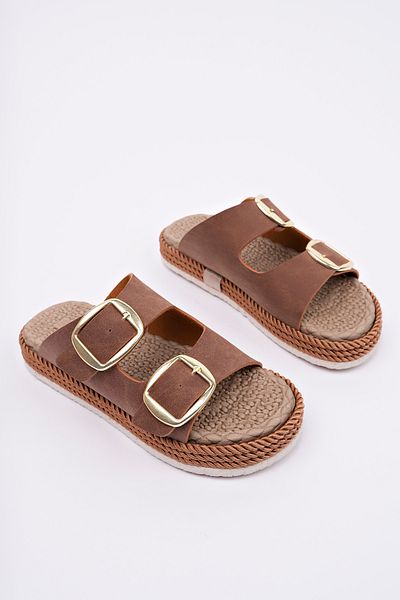 bakacstore Women's Tan Daily Double Buckle Comfortable Sole Straw Sandals Slippers