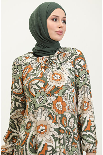 sefamerve Khaki Patterned Viscose Plus Size Dress - 44851E-04