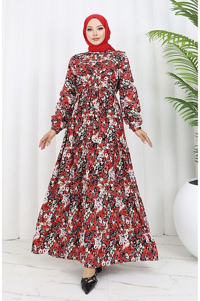 sefamerve Red Floral Print Half Button Spring Dress - 0361-02