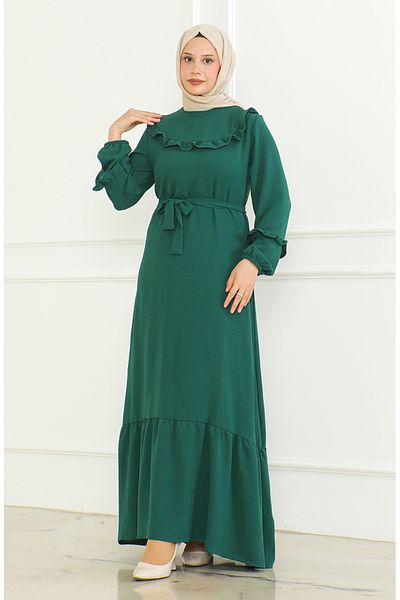 sefamerve Emerald Green Aerobin φόρεμα - με βολάν και φύλλο 0478-01