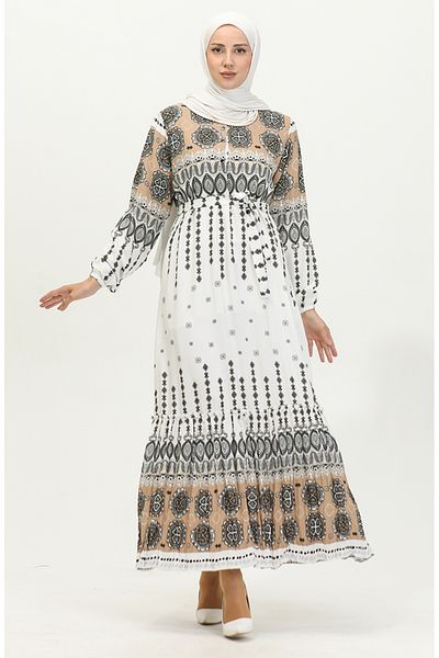 sefamerve Φόρεμα Amelya Viscose Plus Size - Διακριτικό και φύλλο, Mink White 4588C-02