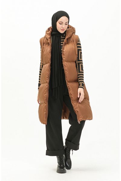 sefamerve Φουσκωτό γιλέκο Tan Hooded - 6049-02