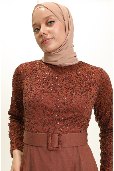 sefamerve Kemerli Abiye Elbise 5353-16 Taba