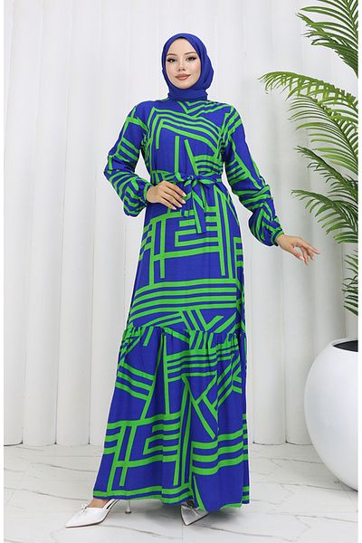 sefamerve Rochie cu curea cu model albastru închis verde - 0459-01
