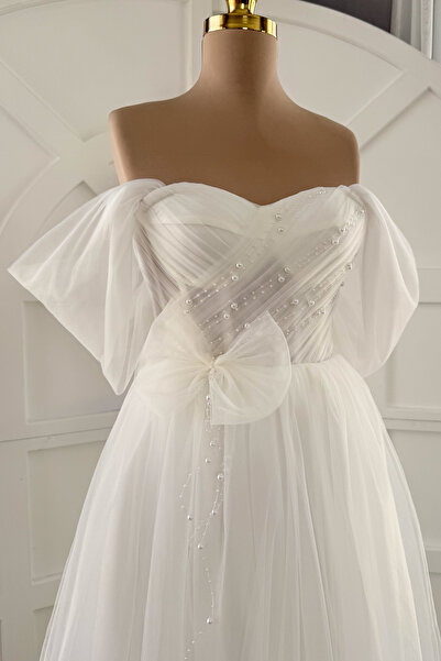 Lenta Moda Bílá perla a stuha Detailní večerní šaty a svatební šaty Midi Length Tylle