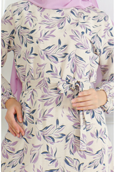 sefamerve Desenli Kuşaklı Keten Elbise 0471-03 Bej Lila