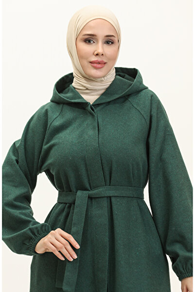 sefamerve Kapüşonlu Uzun Kaşe Kap 3198-07 Zümrüt Yeşili