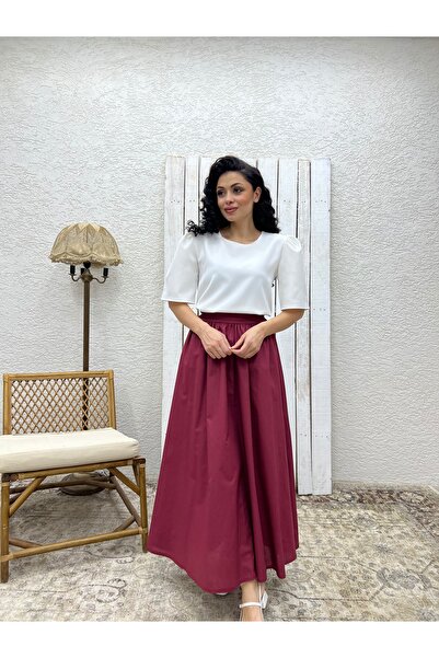 KÜÇÜĞÜM BUTİK Burgundy Poplin Flared Skirt