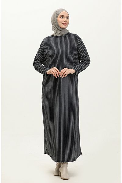 sefamerve Φόρεμα Navy Blue ριγέ μανίκι νυχτερίδας - 8673-01
