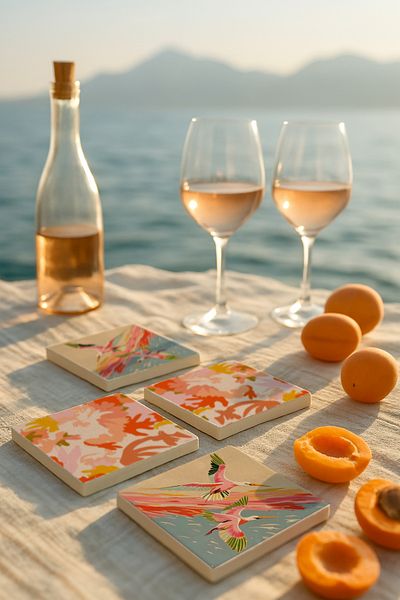 arslart Colorful Stork Bird and Nature Patterned Natural Stone Coasters Set of 4 10X10 cm