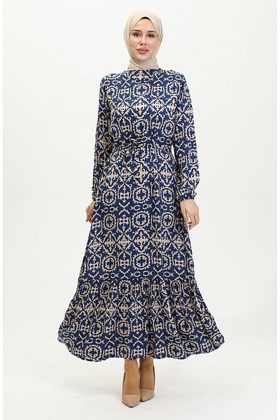 sefamerve Marineblaues Viskose-Musterkleid - 0362-04