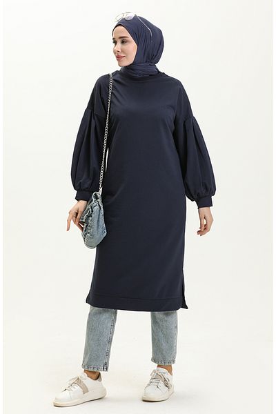 sefamerve Μακρύ χιτώνα Navy Blue Balloon Sleeve - 3031-02