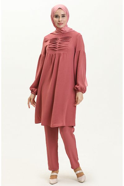 sefamerve Tesatura Aerobin - Set de două tunică și pantaloni cu nervuri 0001-03 Dusty Rose