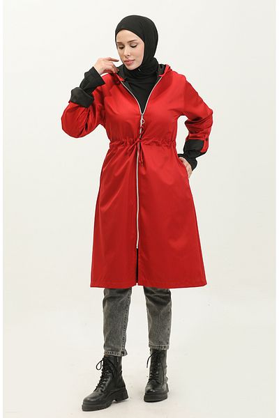 sefamerve Claret Red Raincoat - Μέση με κορδόνι και κουκούλα 0295-03