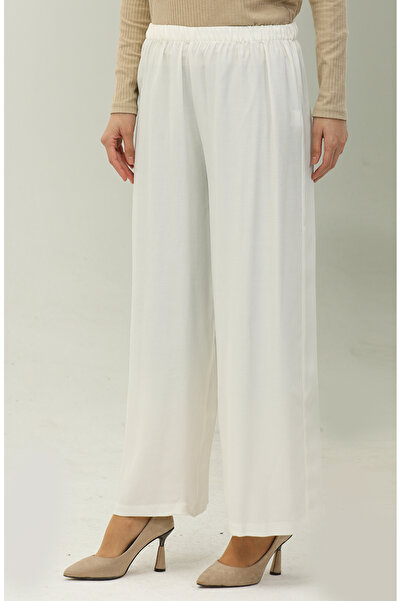 sefamerve Εκρού Χρώμα - Φαρδύ πόδι και ελαστικό παντελόνι μέσης 25105-01