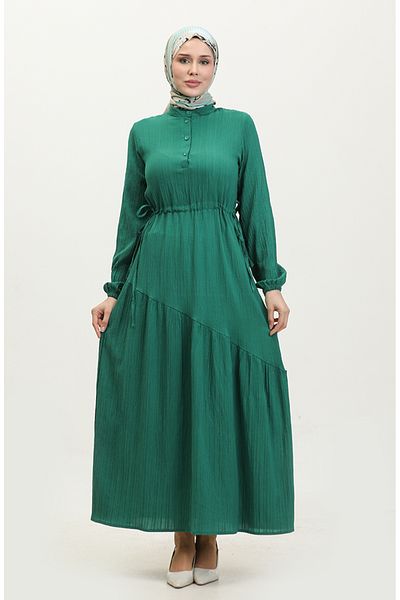 sefamerve Emerald Green Side Tie Gathered Dress - 0363-02