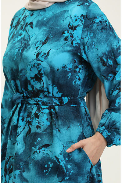 sefamerve Φόρεμα Ahsen Viscose - Floral Print, Τυρκουάζ Μαύρο 0329-04