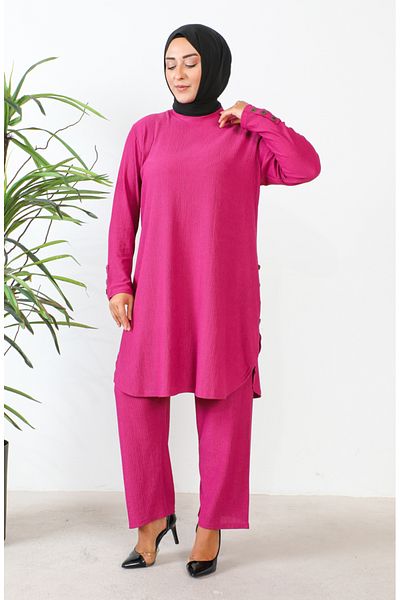 sefamerve Set de tunică și pantaloni cu strasuri de mărime mare fucsia - 2658-05