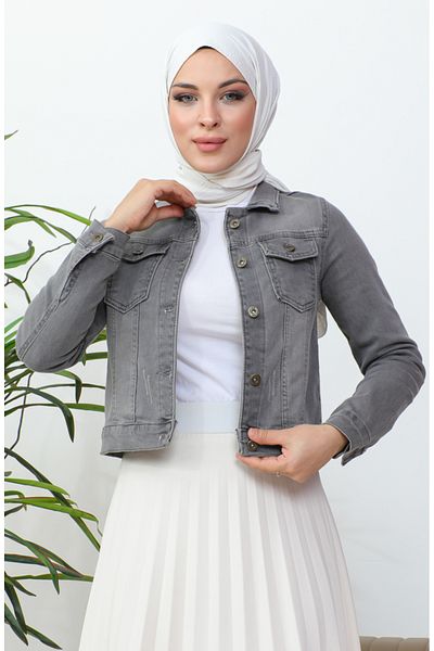 sefamerve Světle šedá džínová bunda Bolero s knoflíky - 37001-05