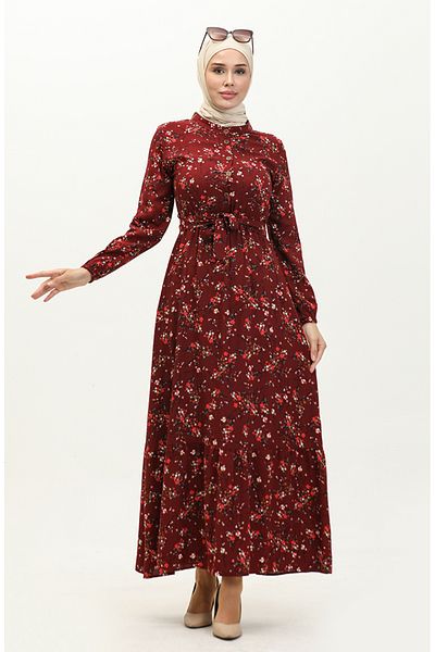 sefamerve Claret Red Viscose Dress - Floral Pattern, Model 5068-07