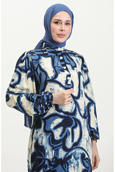 sefamerve Φόρεμα βισκόζης με μισά κουμπιά - Indigo Beige με έγχρωμη γαρνιτούρα 0396-05