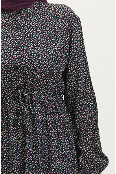 sefamerve Yarım Düğmeli Desenli Elbise 0368-01 Lacivert