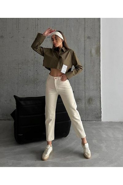 JAXEN Γυναικείο παντελόνι Freya Cream Lycra Mom Jeans Boyfrend