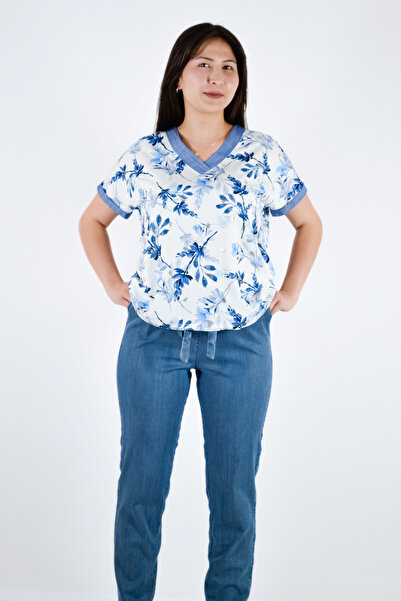 Angora Bluză cu mânecă scurtă cu decolteu în V cu imprimeu floral - albastru