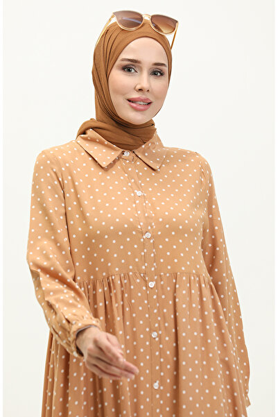 sefamerve Puantiyeli Elbise 1897-02 Hardal Krem