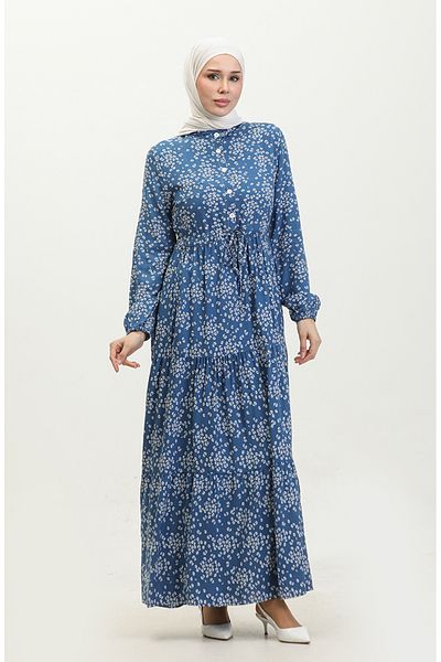 sefamerve Indigo Smile Viscose Dress - Half Button and Floral 0358-01