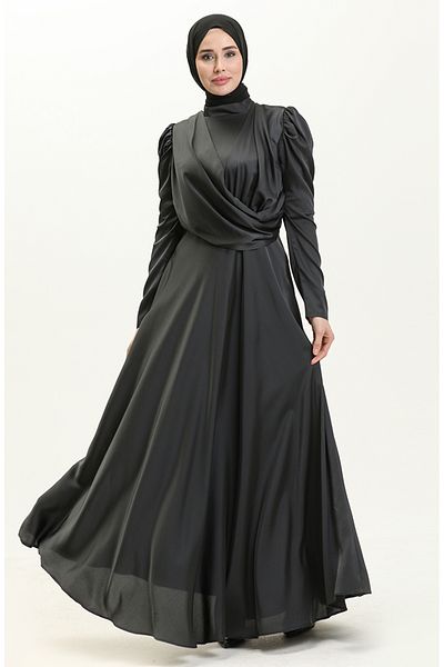 sefamerve Βραδινό φόρεμα με σατέν ντραπέ - 6059-05 Dark Anthracite