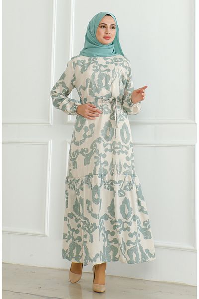 sefamerve Leinenkleid 0471D-01 – Beige mit Muster und Gürtel, Grün