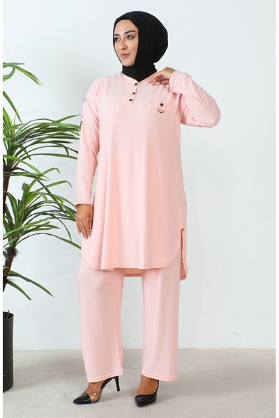 sefamerve Set dublu marime plus - tunică și pantaloni 2691-06 pudră