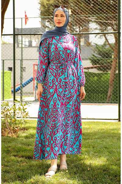 sefamerve Rochie din vascoza de culoare benzina - cu model si curea 0439-03