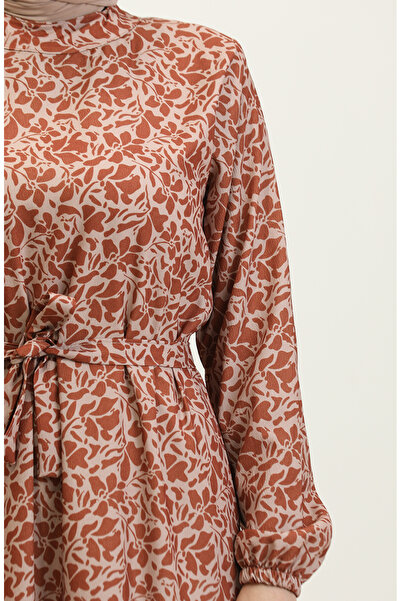 sefamerve Adile Çiçek Desenli Krep Elbise 0347-03 Taba