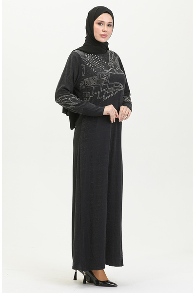 sefamerve Taş Baskılı Simli Abiye Elbise 0422-01 Füme