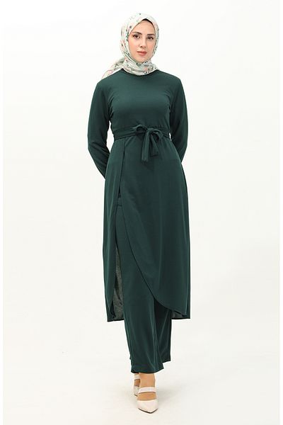sefamerve Emerald Green Tunic and Pants Σετ δύο τεμαχίων - Λεπτομέρεια με σχισμή 0664-01