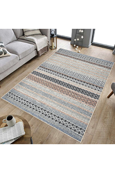 Hülya Home Geometrik Desenli Dijital Baskı Yıkanabilir Kaymaz Taban Ince Salo...